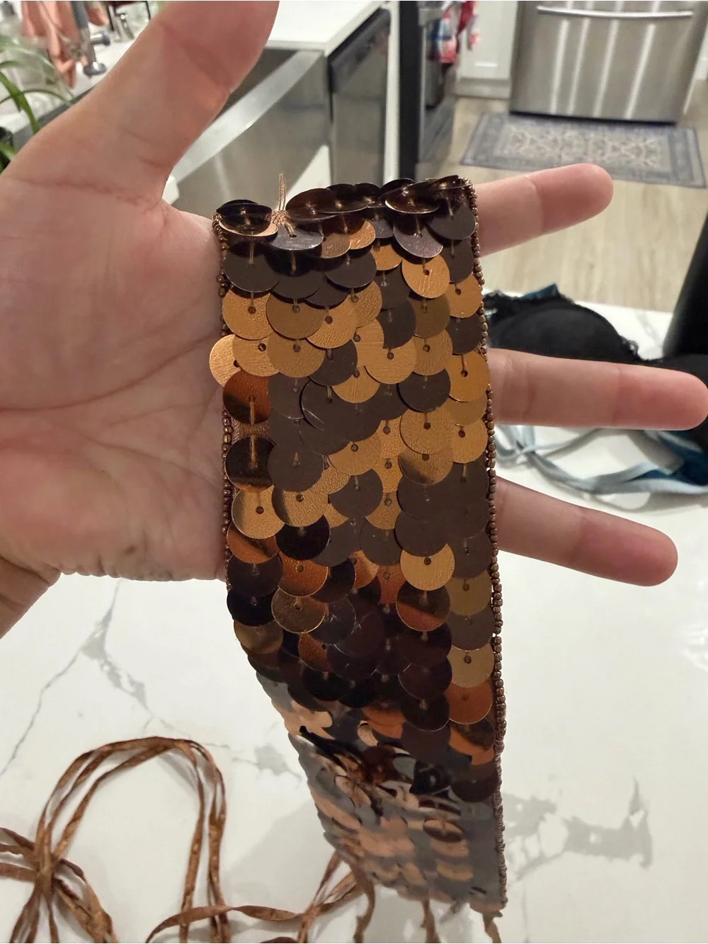 Sequin Tie Belt in Copper Brown